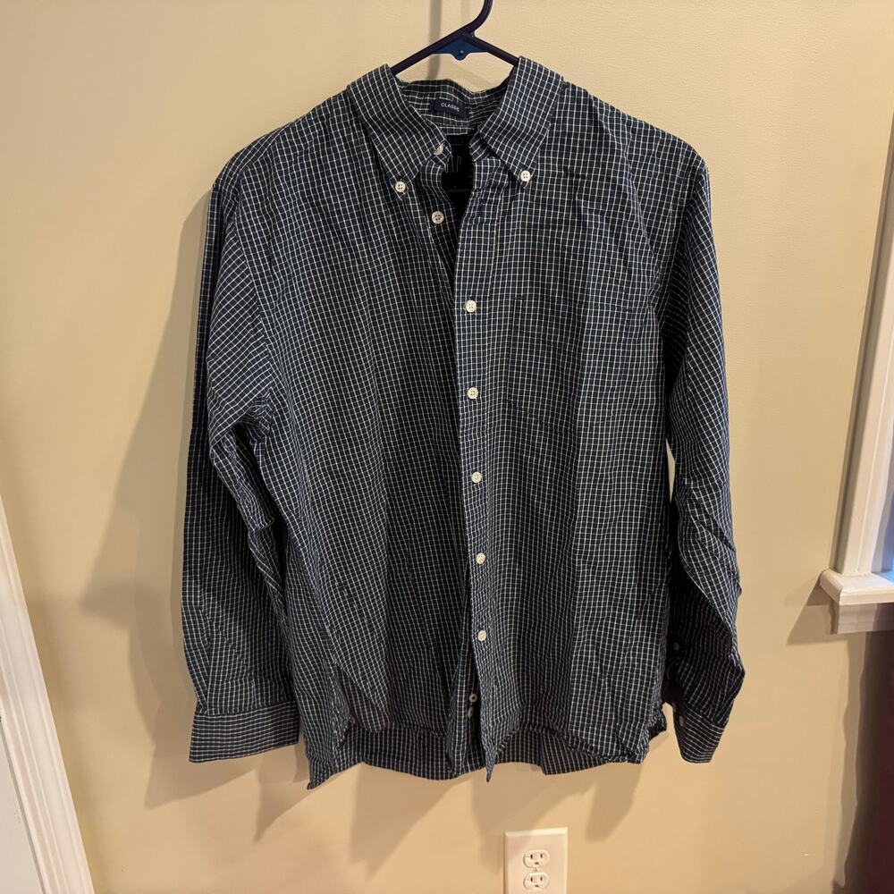 Gap Shirt Men's Navy and White Checkerboard Button Up Long Sleeve Size M
